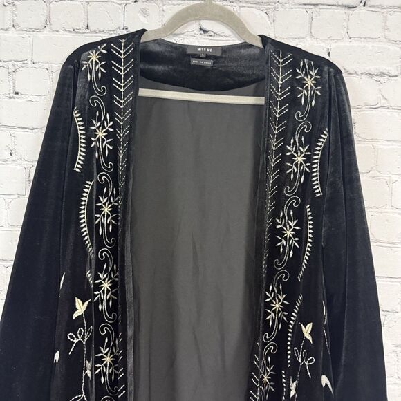 Miss Me Black Velvet Embroidered Cardigan Jacket Boho Gypsy Lagenlook - Picture 4 of 9